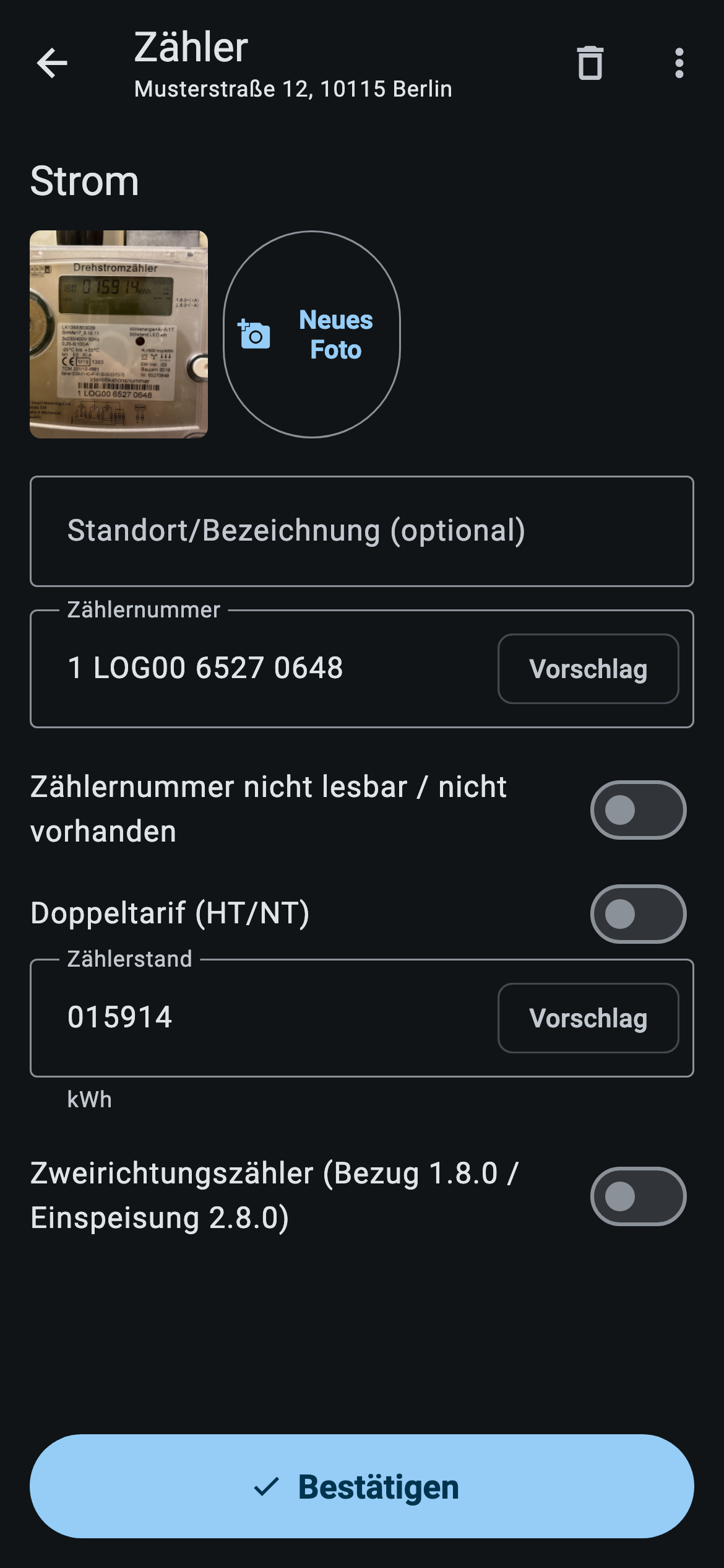 handovr App: Zählerformular mit erkannter Zählernummer und erkanntem Zählerstand