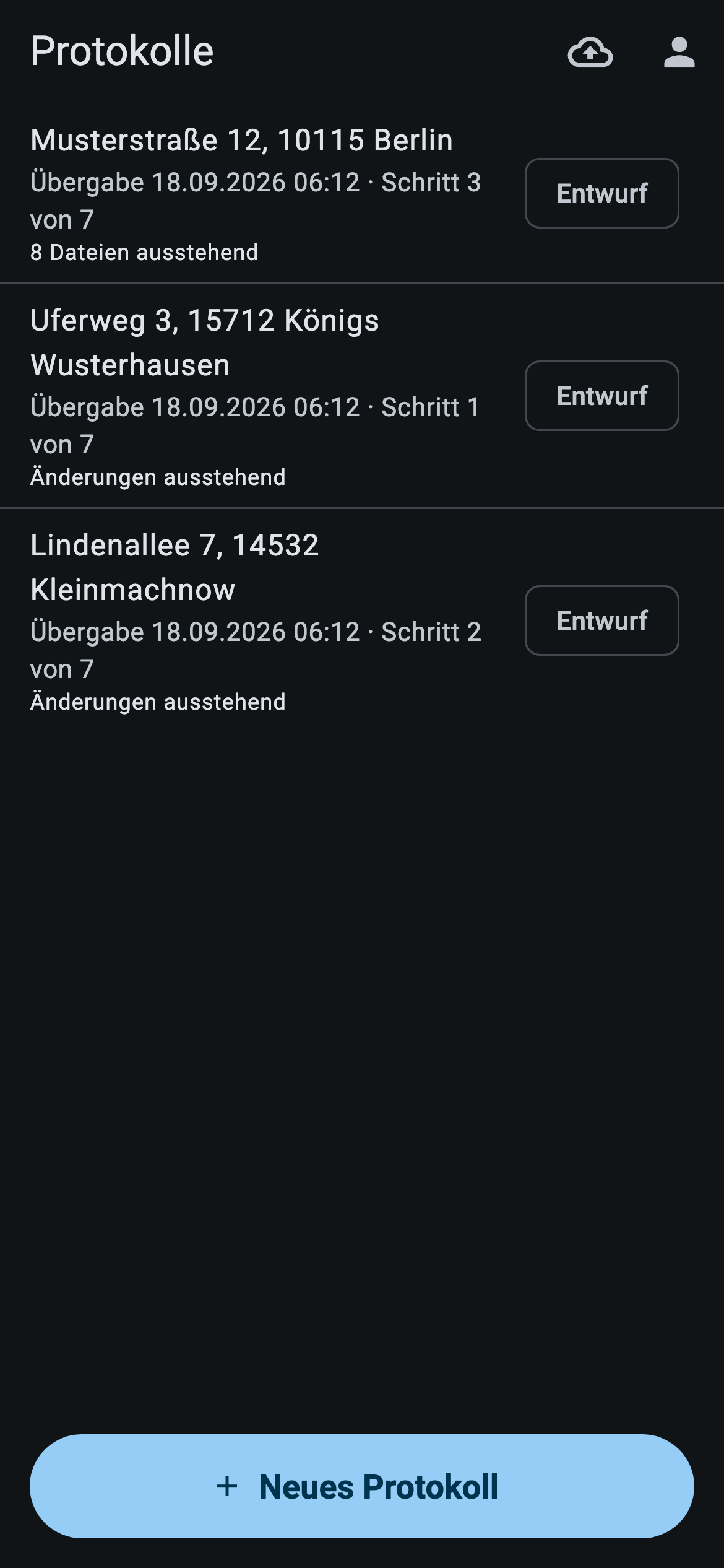 App-Ansicht: Protokollliste mit Entwürfen und Sicherungsstand