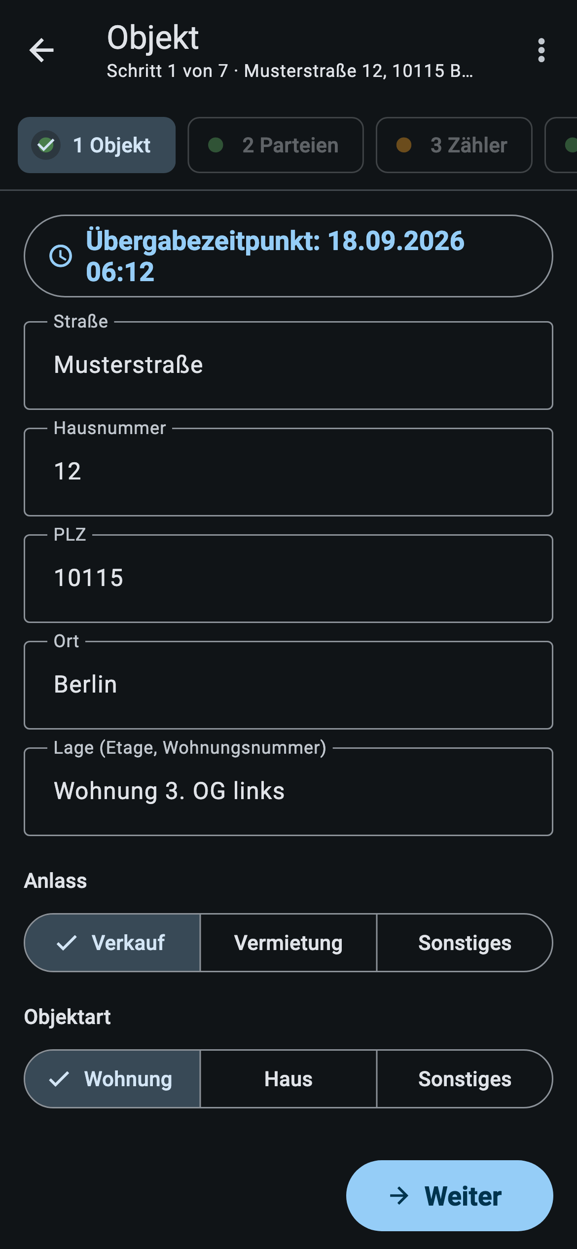 App-Ansicht: Schritt 1 Objekt mit Adresse, Anlass und Objektart