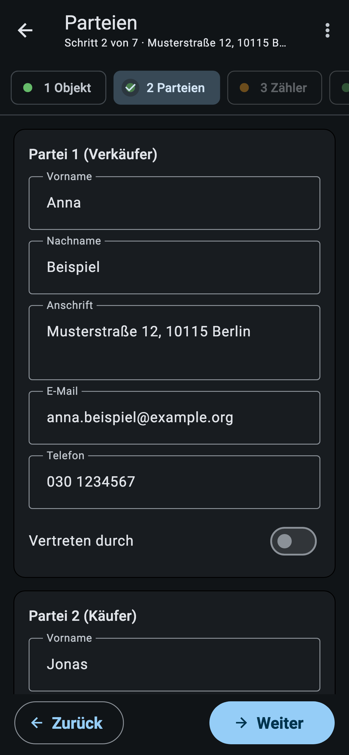 App-Ansicht: Schritt 2 Parteien mit Verkäuferin und Käufer