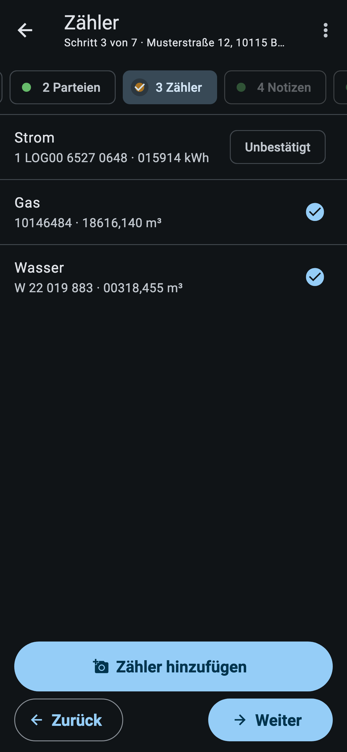 App-Ansicht: Schritt 3 Zähler mit Strom, Gas und Wasser