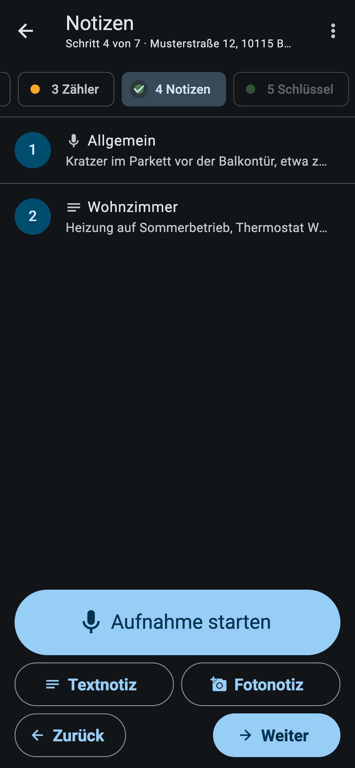 App-Ansicht: Schritt 4 Notizen mit Sprachnotiz und Textnotiz
